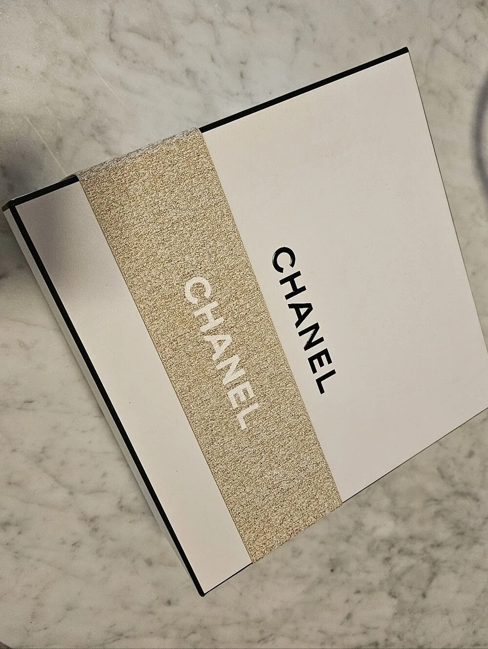CHANEL White Box with Black Trim and Black Velvet Pouch And Gold Band